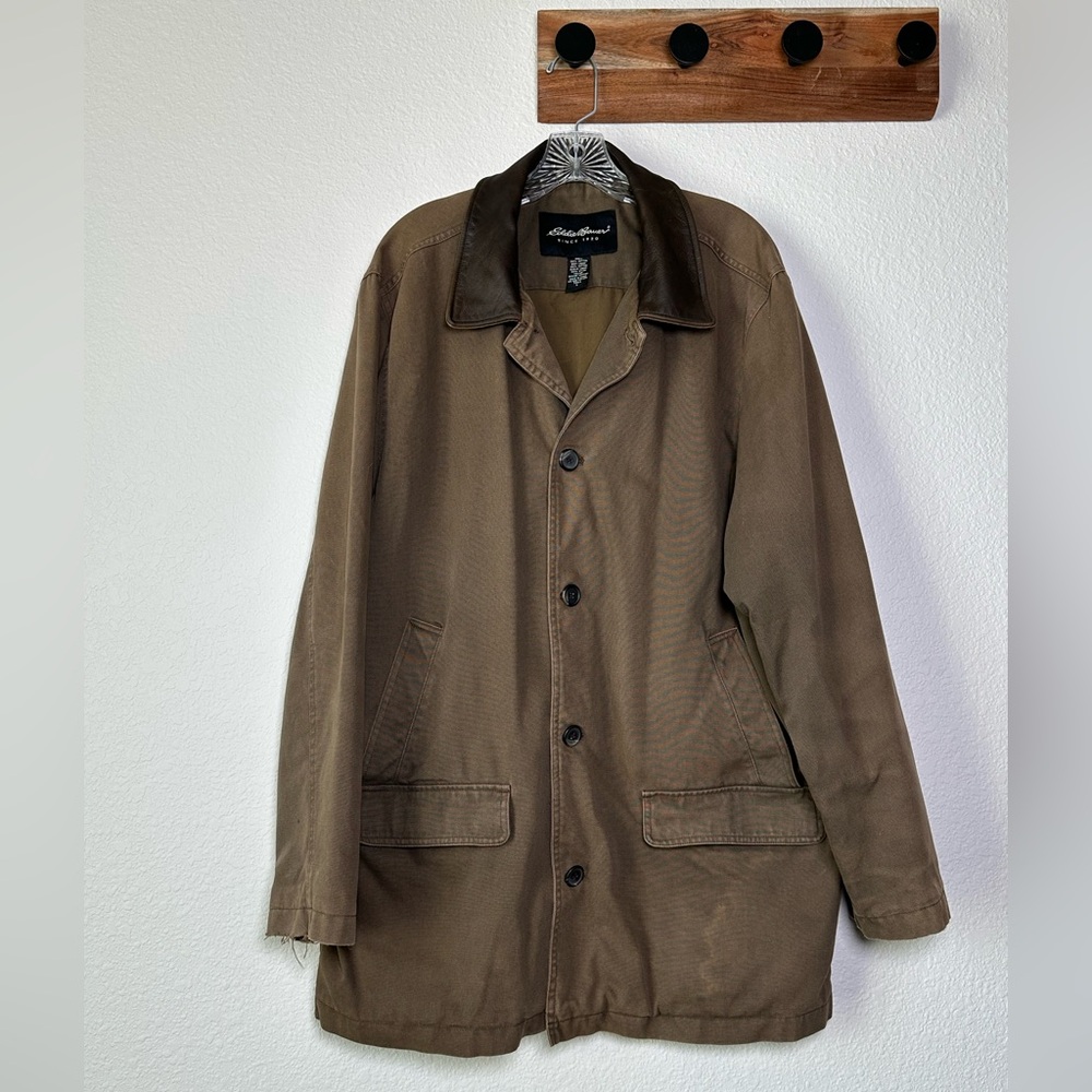 Vintage Eddie Bauer Long Barn Chore Jacket‎ Leather Collar 90’s Y2K Large Tall